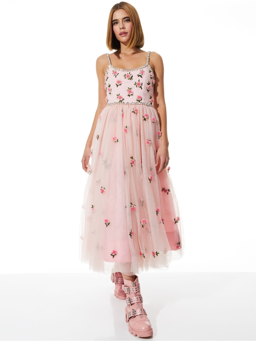 Alice & Olivia New Lupita Crystal Strap Embellished 3D Flowers Tulle Midi Gown 6 - Picture 4 of 16